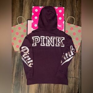VS PINK Size XS Maroon Campus Hooded Pullover With Matte Rose Gold Bling.